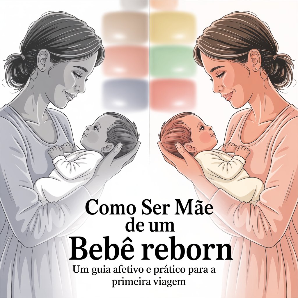 Capa do livro "Como Ser Mãe de um Bebê Reborn: Um Guia Afetivo e Prático para a Primeira Viagem", ao qual demonstra uma ilustração de duas mães segurando os seus bebês, sendo uma delas em preto e branco na esquerda e na direita sendo colorida